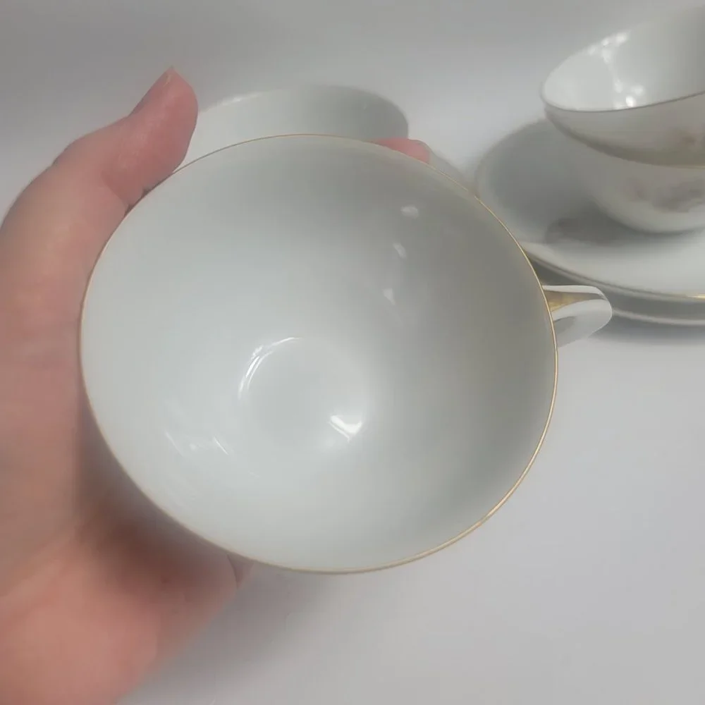 FOUR Sango Larchmont Cup & Saucer Sets White with Brown Pine Branch